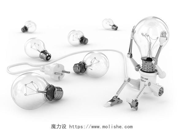 白色背景一堆灯泡里一个带着插头的灯泡机器人抱着头思考